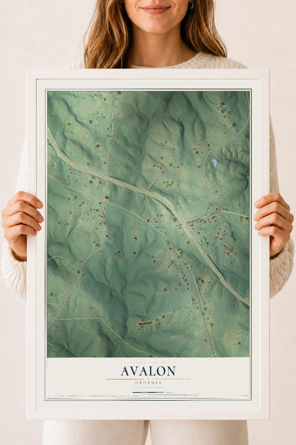 Avalon, Georgia map print, 18" x 24" W/ White Ayous Wood Frame mockup