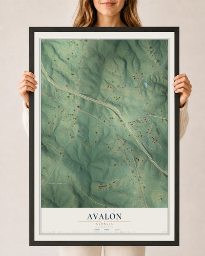Avalon, Georgia map print, 24" x 36" W/ Black Ayous Wood Frame mockup