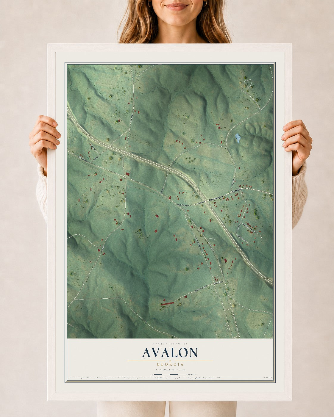 Avalon, Georgia map print, 24" x 36" W/ White Ayous Wood Frame mockup