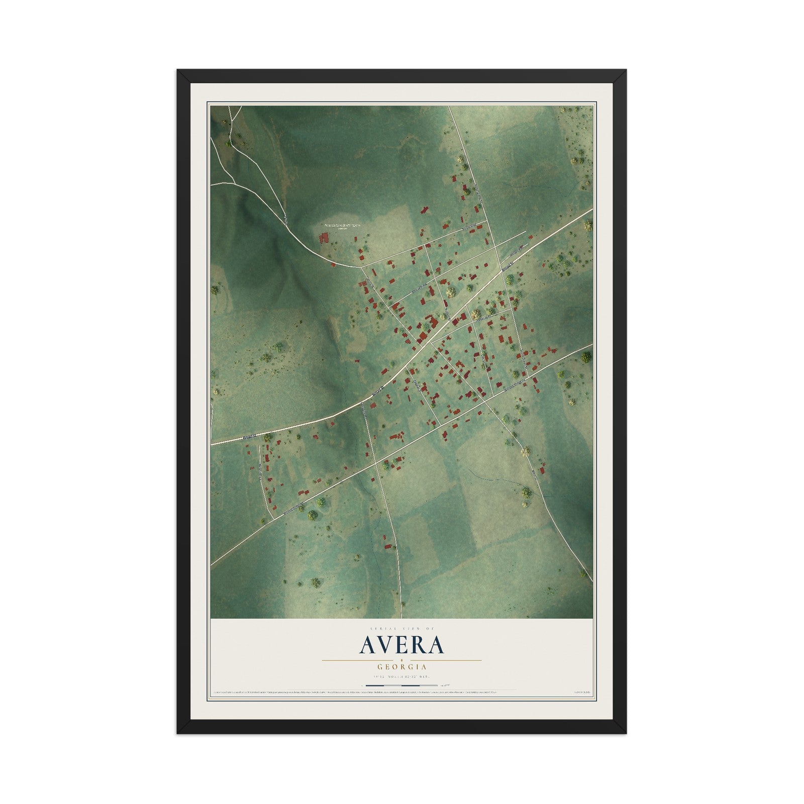 Avera, Georgia map print, 12" x 18" W/ Black Ayous Wood Frame mockup