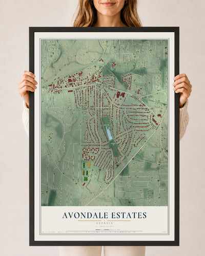 Avondale Estates, Georgia map print, 24" x 36" W/ Black Ayous Wood Frame mockup