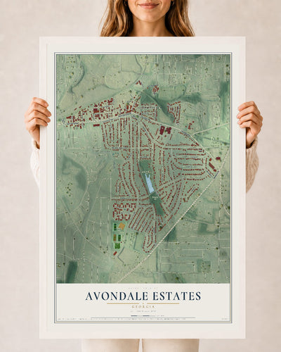 Avondale Estates, Georgia map print, 24" x 36" W/ White Ayous Wood Frame mockup