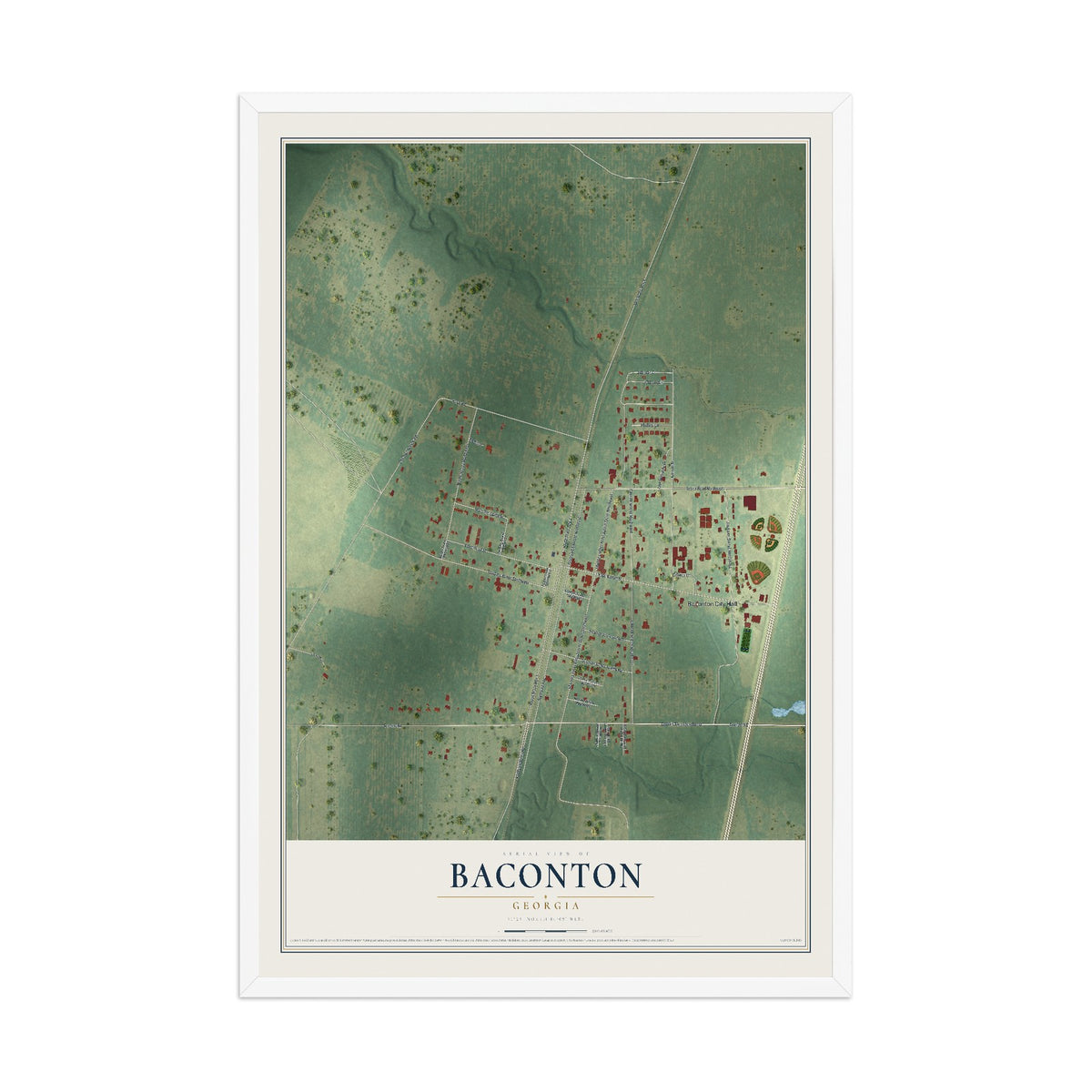 Baconton, Georgia map print, 12" x 18" W/ White Ayous Wood Frame mockup