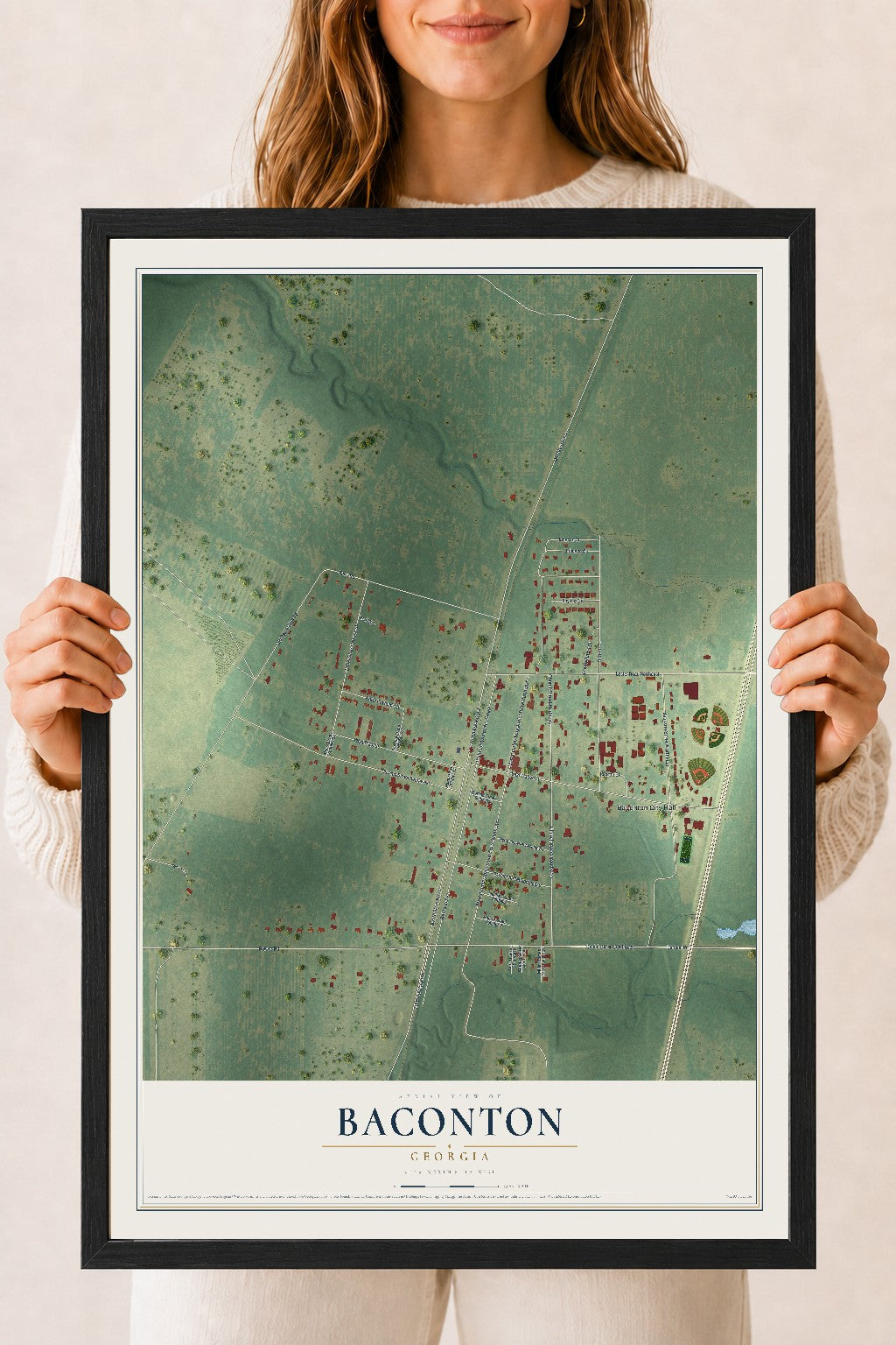 Baconton, Georgia map print, 18" x 24" W/ Black Ayous Wood Frame mockup