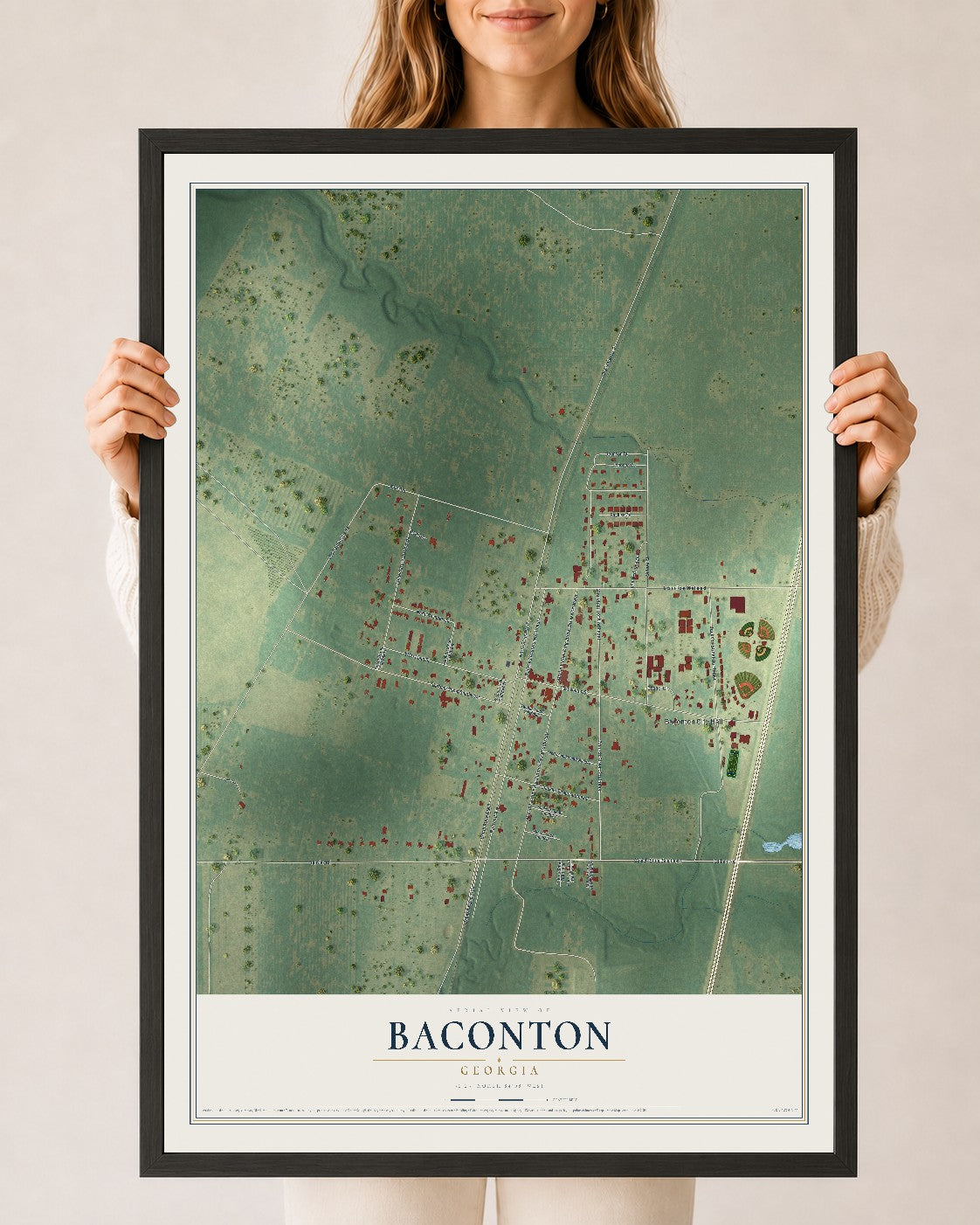 Baconton, Georgia map print, 24" x 36" W/ Black Ayous Wood Frame mockup