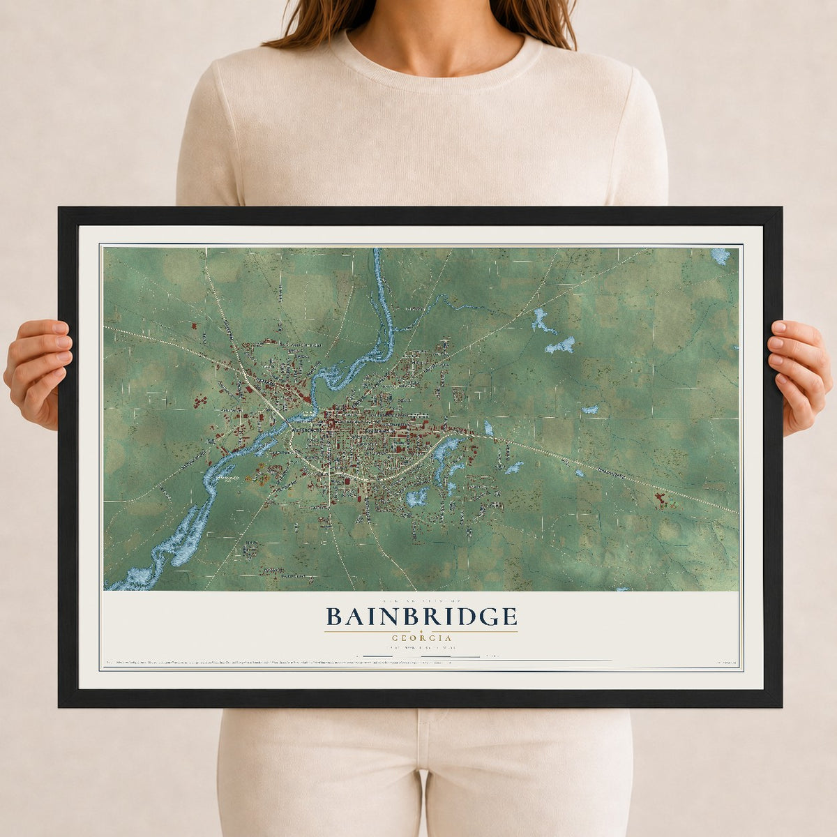 Bainbridge, Georgia map print, 12" x 18" W/ Black Ayous Wood Frame mockup