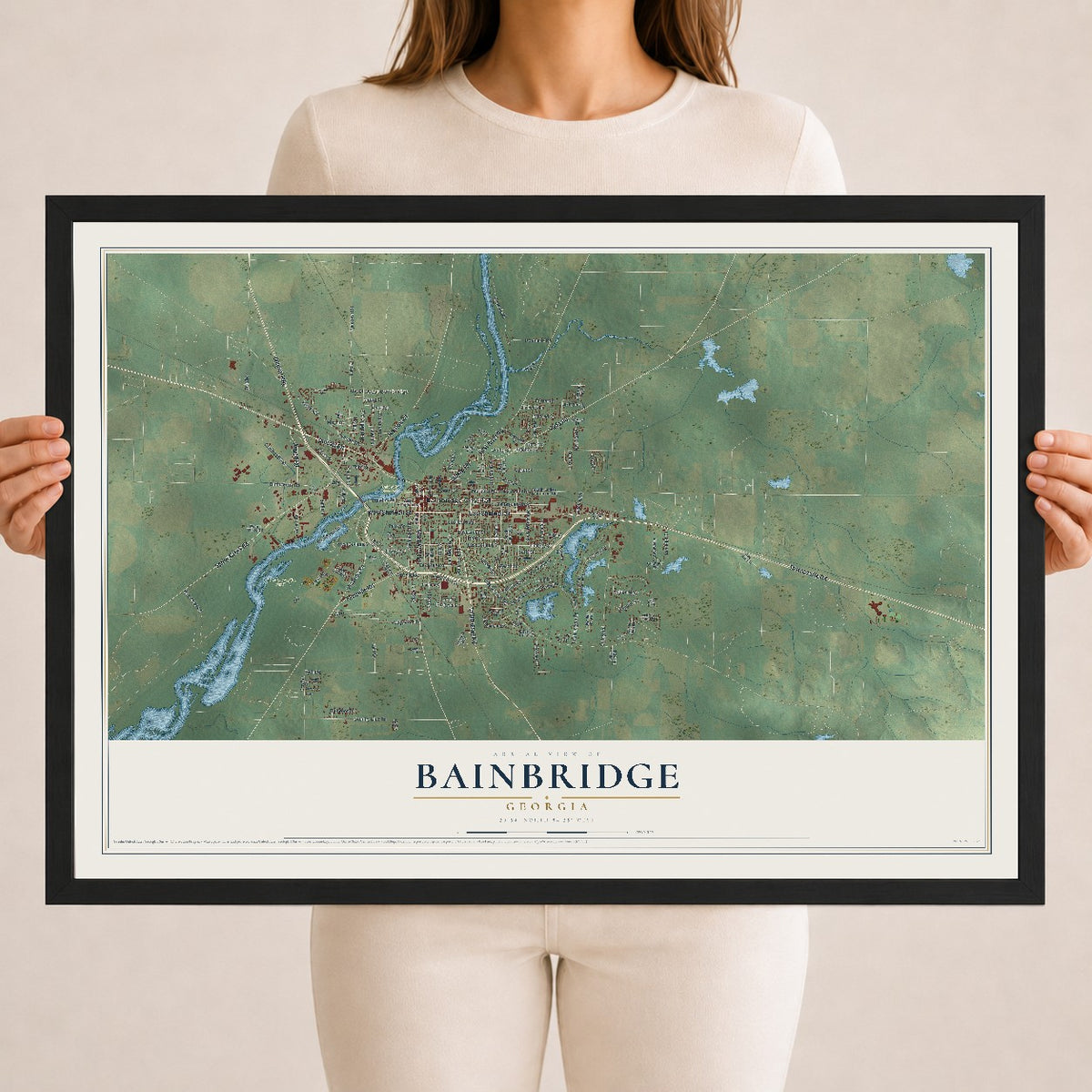 Bainbridge, Georgia map print, 18" x 24" W/ Black Ayous Wood Frame mockup