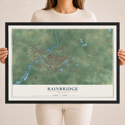 Bainbridge, Georgia map print, 18" x 24" W/ Black Ayous Wood Frame mockup