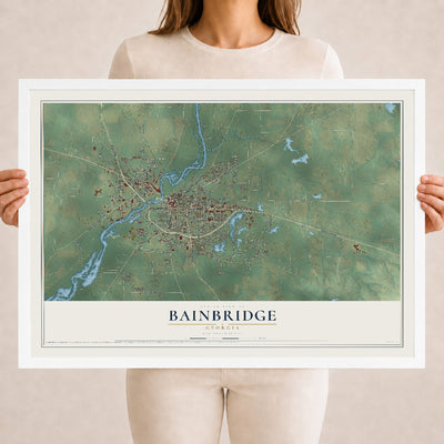Bainbridge, Georgia map print, 18" x 24" W/ White Ayous Wood Frame mockup