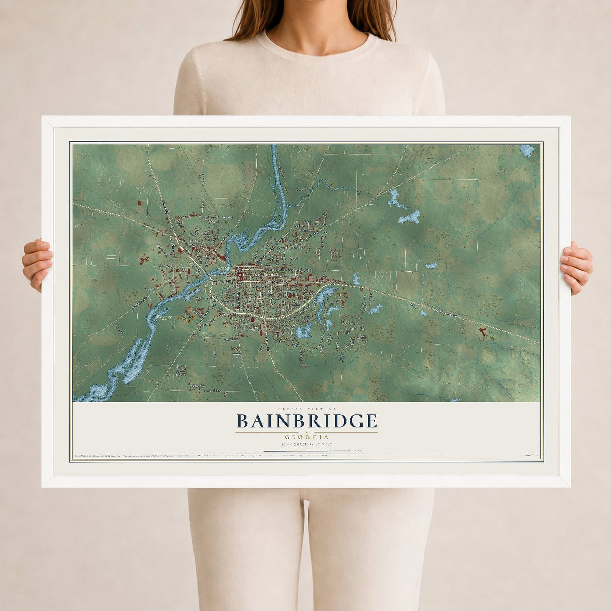 Bainbridge, Georgia map print, 24" x 36" W/ White Ayous Wood Frame mockup