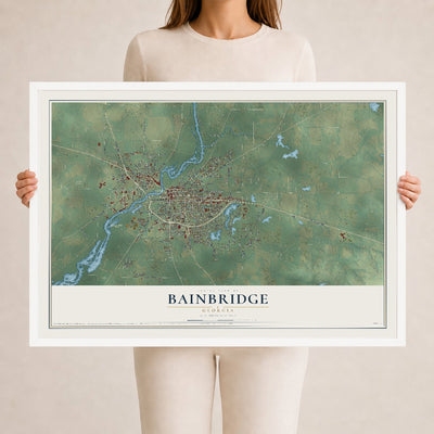 Bainbridge, Georgia map print, 24" x 36" W/ White Ayous Wood Frame mockup