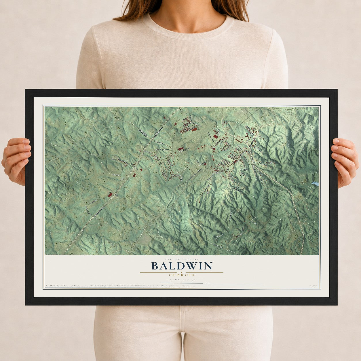 Baldwin, Georgia map print, 12" x 18" W/ Black Ayous Wood Frame mockup