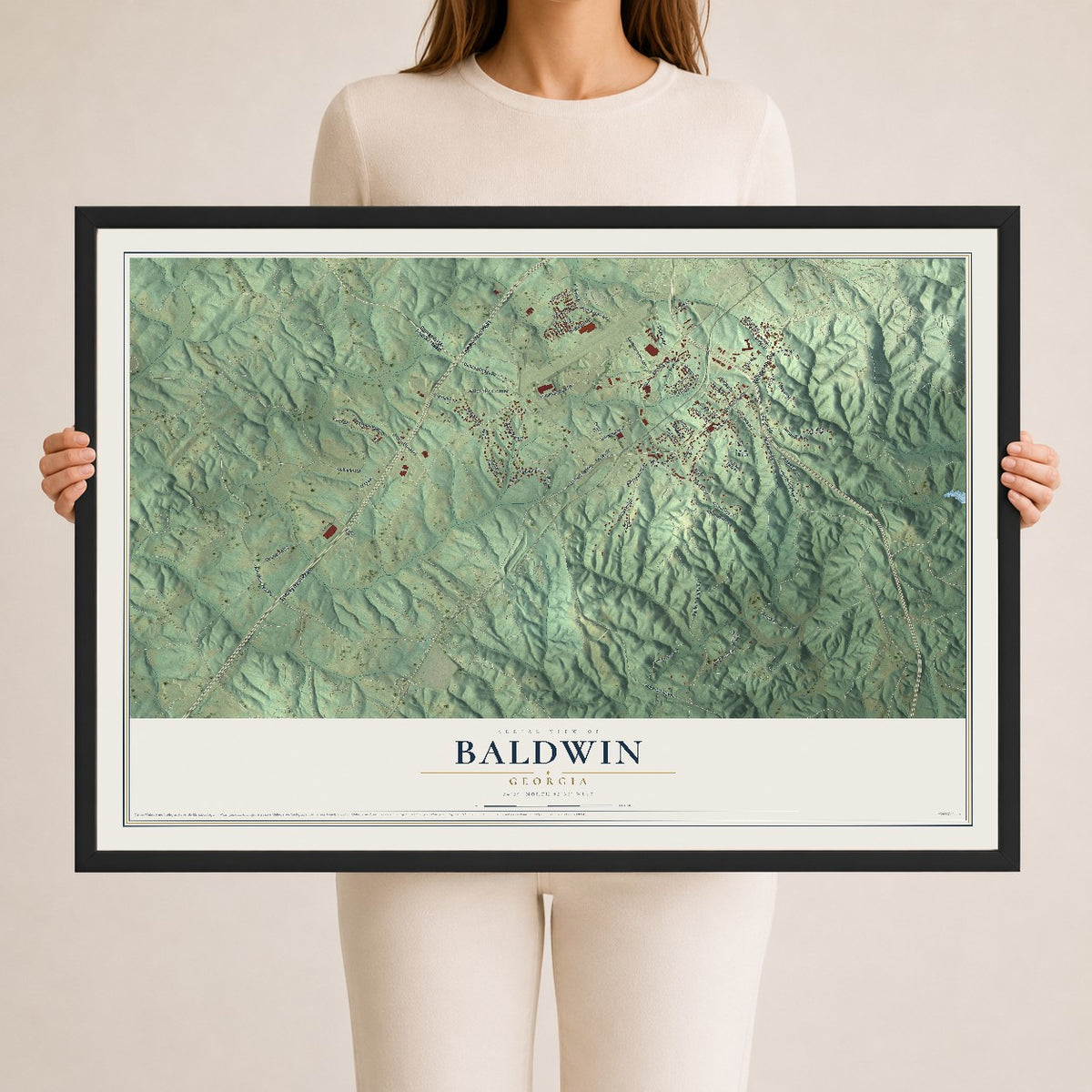 Baldwin, Georgia map print, 24" x 36" W/ Black Ayous Wood Frame mockup