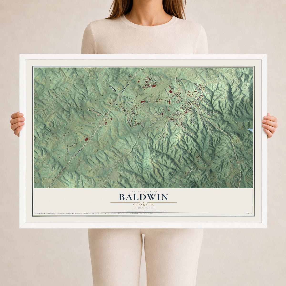Baldwin, Georgia map print, 24" x 36" W/ White Ayous Wood Frame mockup