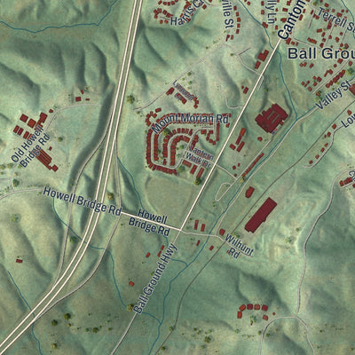 Close-up 1 of the Ball Ground, Georgia map artwork