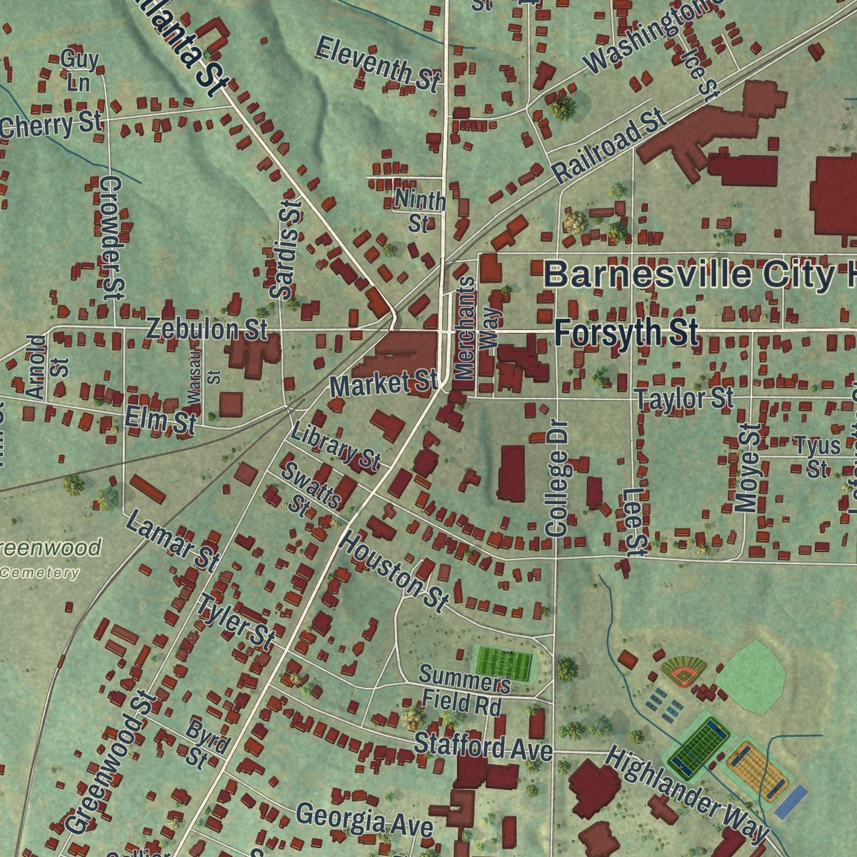 Close-up 1 of the Barnesville, Georgia map artwork