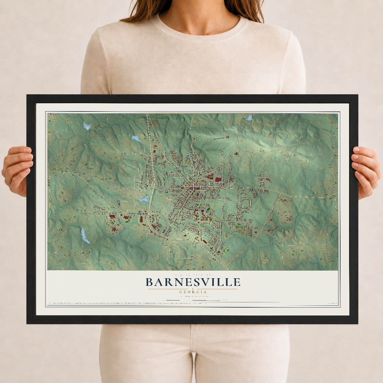 Barnesville, Georgia map print, 12" x 18" W/ Black Ayous Wood Frame mockup
