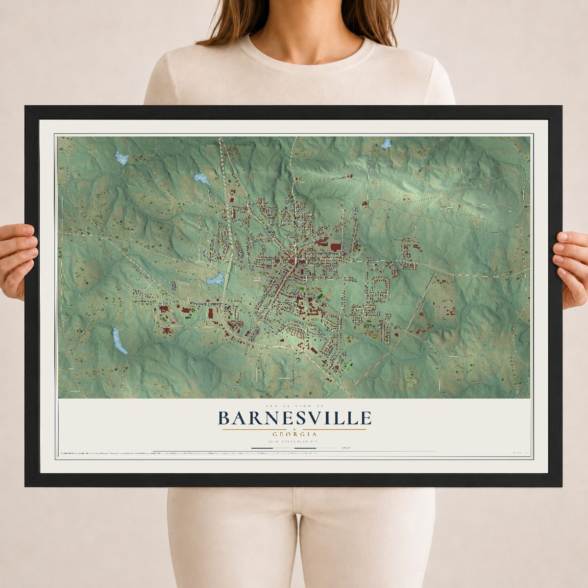 Barnesville, Georgia map print, 18" x 24" W/ Black Ayous Wood Frame mockup