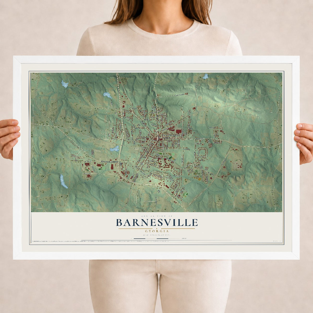 Barnesville, Georgia map print, 18" x 24" W/ White Ayous Wood Frame mockup