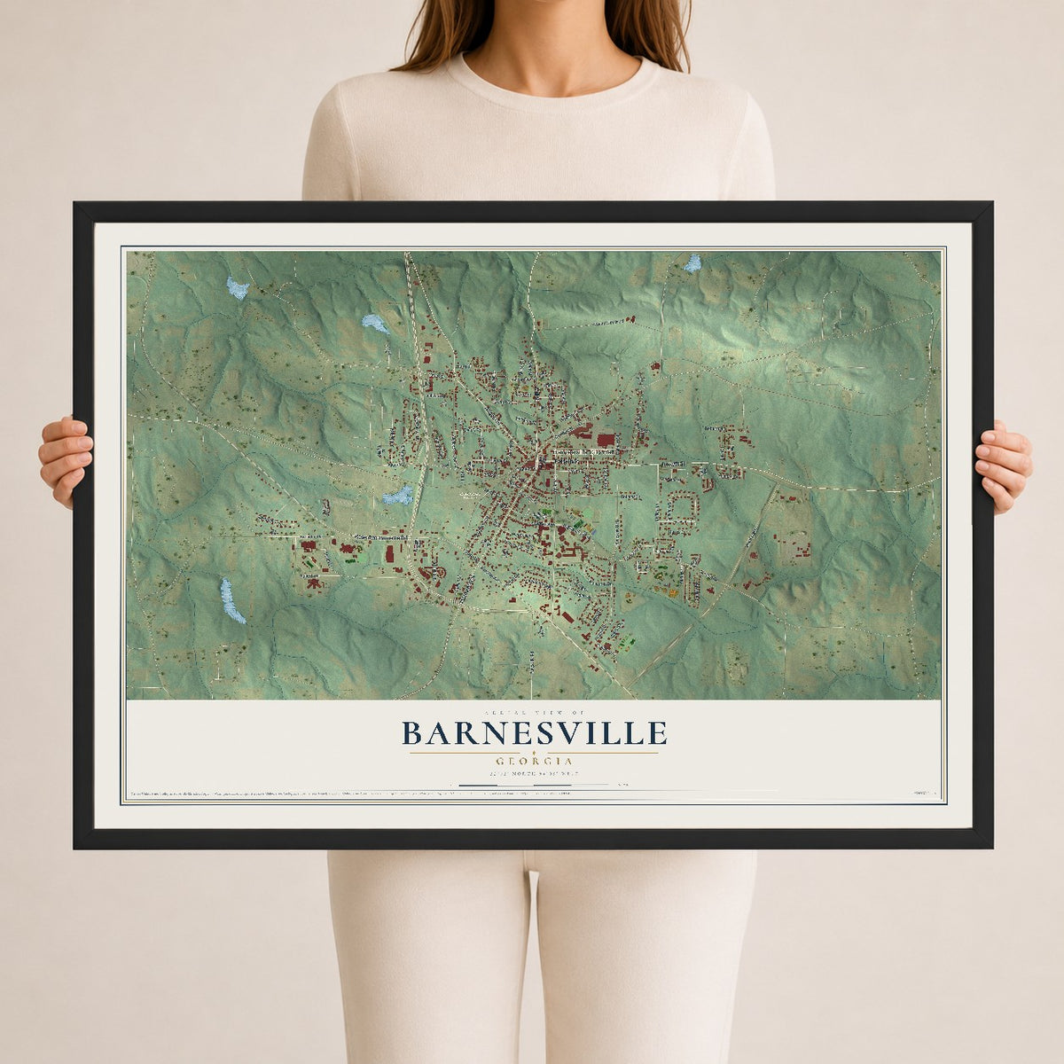 Barnesville, Georgia map print, 24" x 36" W/ Black Ayous Wood Frame mockup