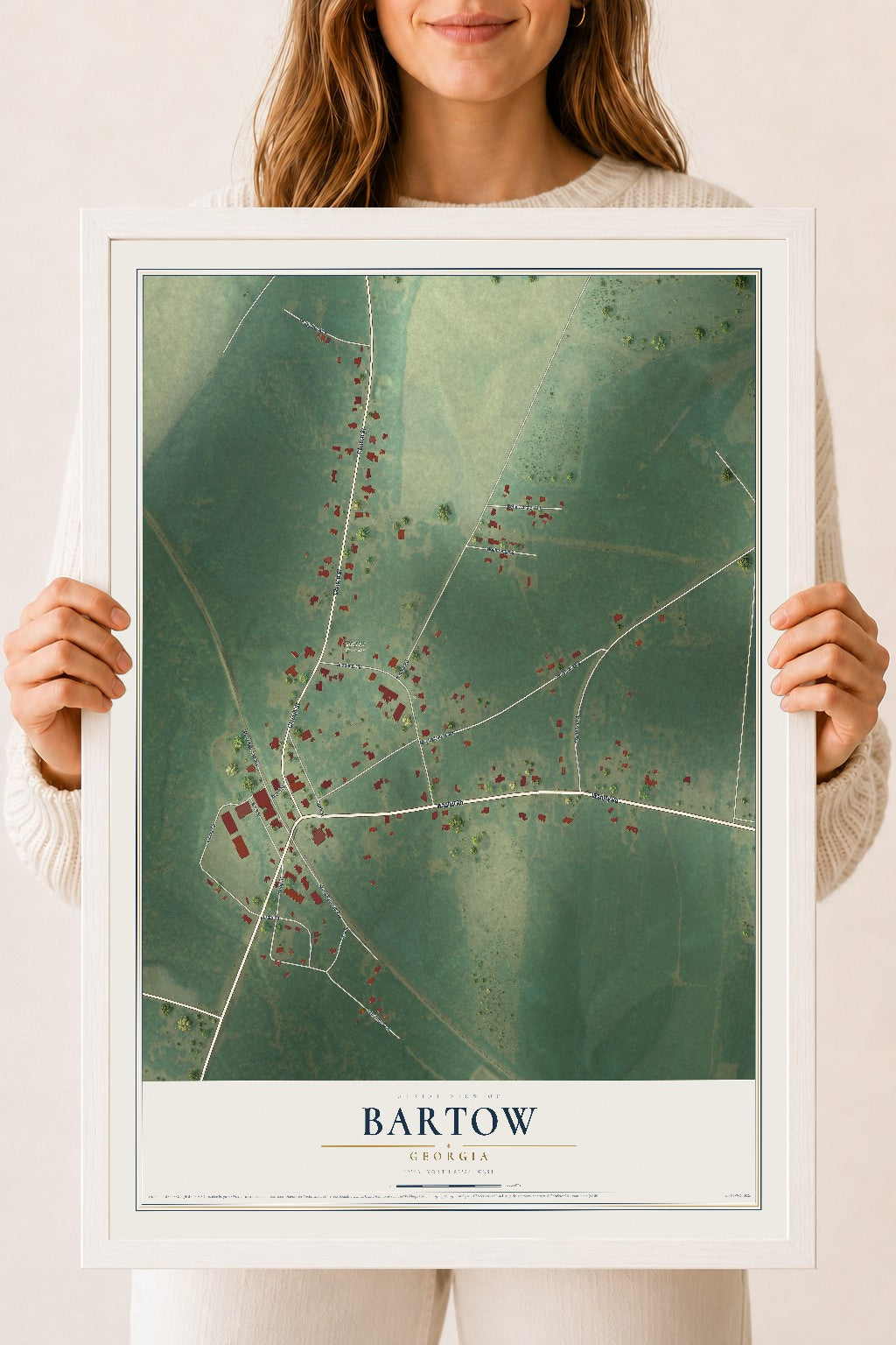 Bartow, Georgia map print, 18" x 24" W/ White Ayous Wood Frame mockup
