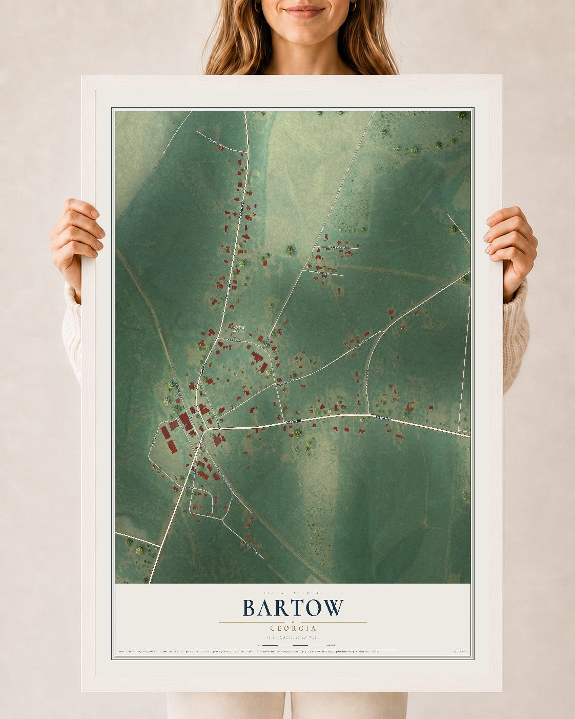 Bartow, Georgia map print, 24" x 36" W/ White Ayous Wood Frame mockup