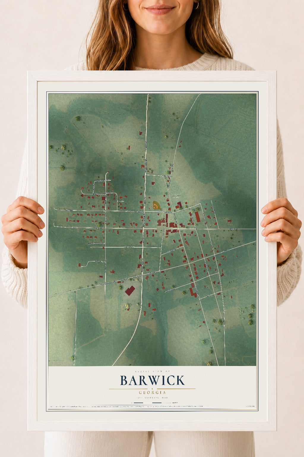 Barwick, Georgia map print, 18" x 24" W/ White Ayous Wood Frame mockup