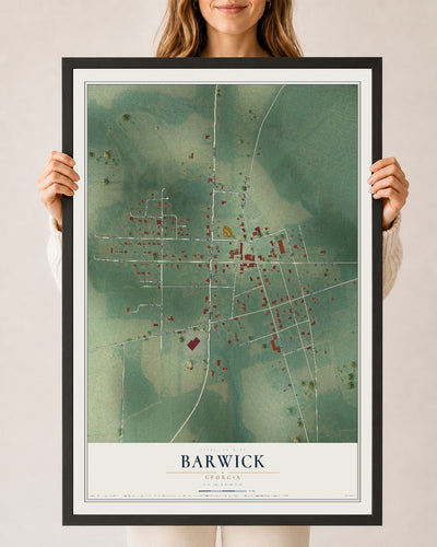 Barwick, Georgia map print, 24" x 36" W/ Black Ayous Wood Frame mockup
