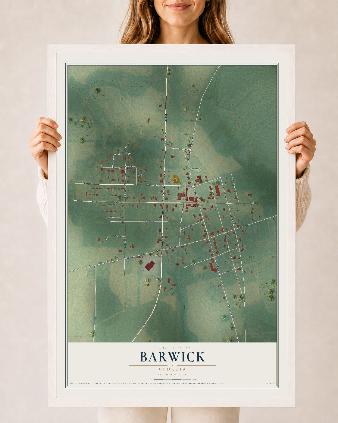 Barwick, Georgia map print, 24" x 36" W/ White Ayous Wood Frame mockup