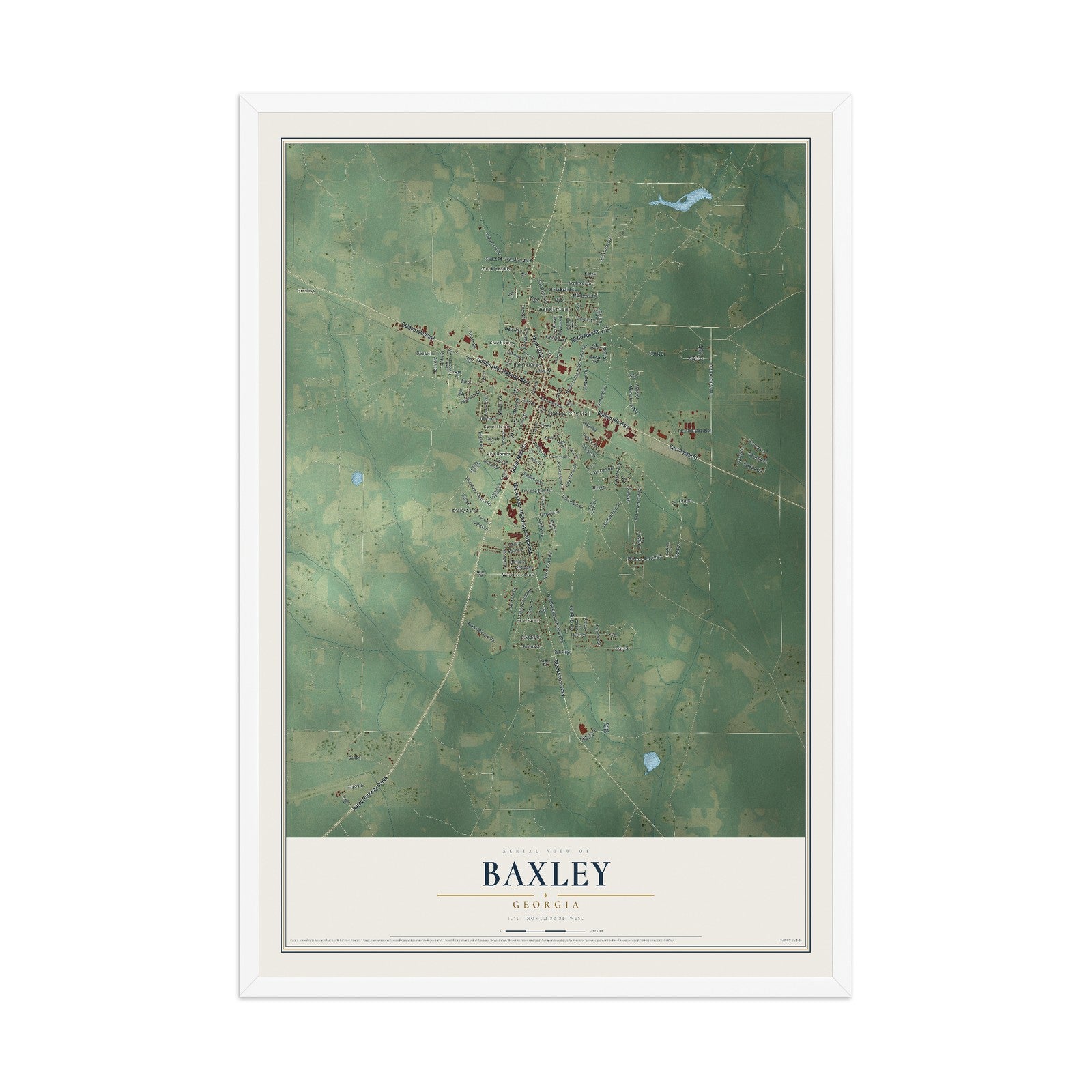 Baxley, Georgia map print, 12" x 18" W/ White Ayous Wood Frame mockup
