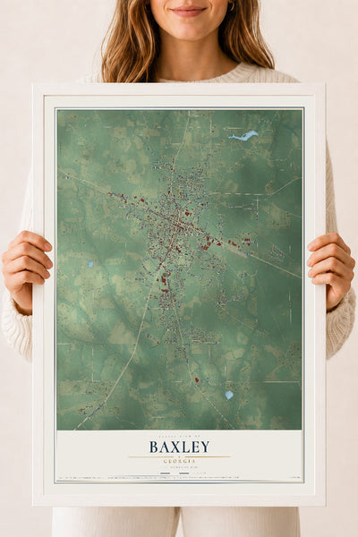 Baxley, Georgia map print, 18" x 24" W/ White Ayous Wood Frame mockup