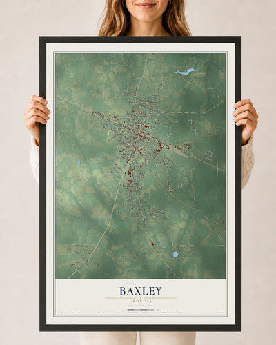 Baxley, Georgia map print, 24" x 36" W/ Black Ayous Wood Frame mockup
