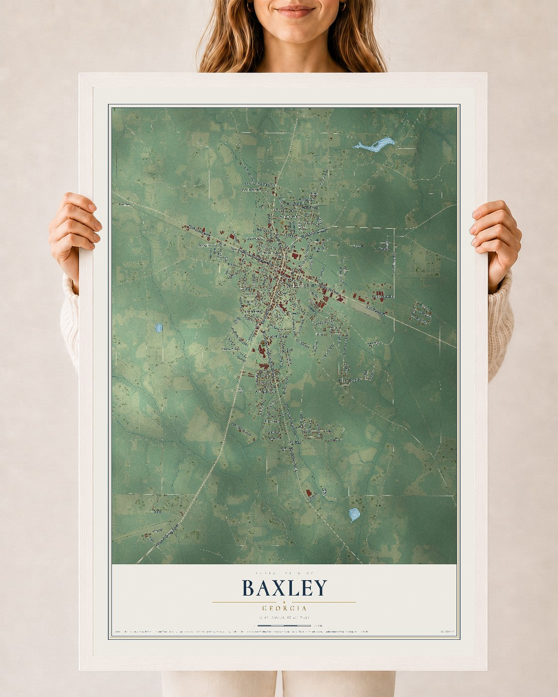 Baxley, Georgia map print, 24" x 36" W/ White Ayous Wood Frame mockup