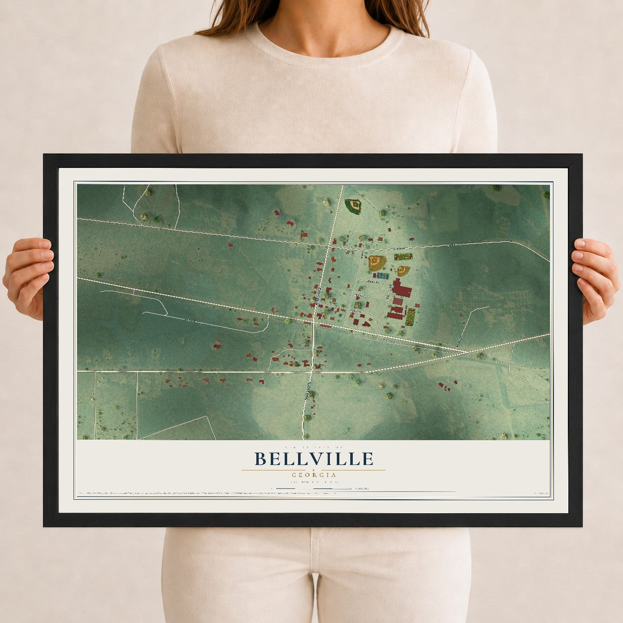 Bellville, Georgia map print, 12" x 18" W/ Black Ayous Wood Frame mockup