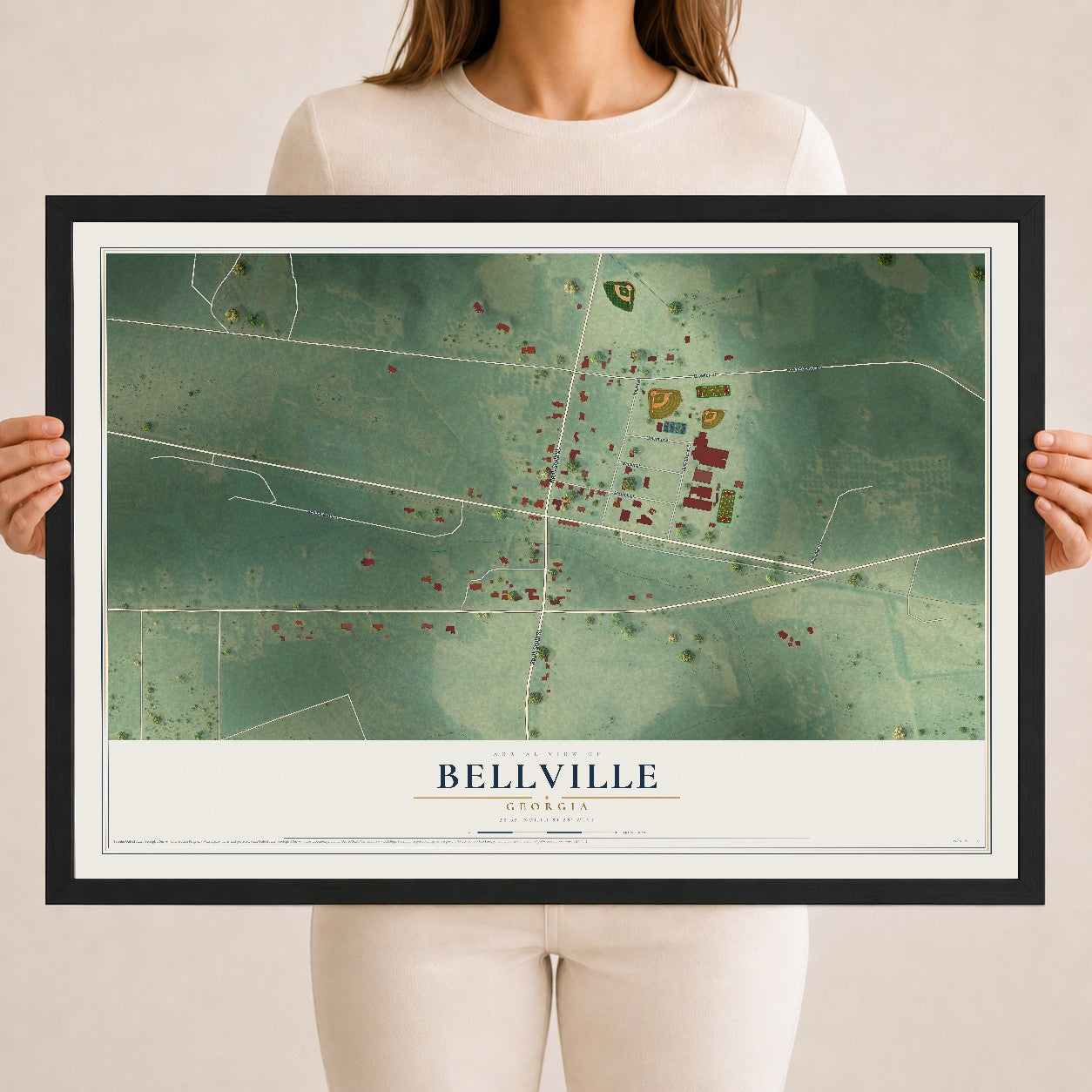 Bellville, Georgia map print, 18" x 24" W/ Black Ayous Wood Frame mockup