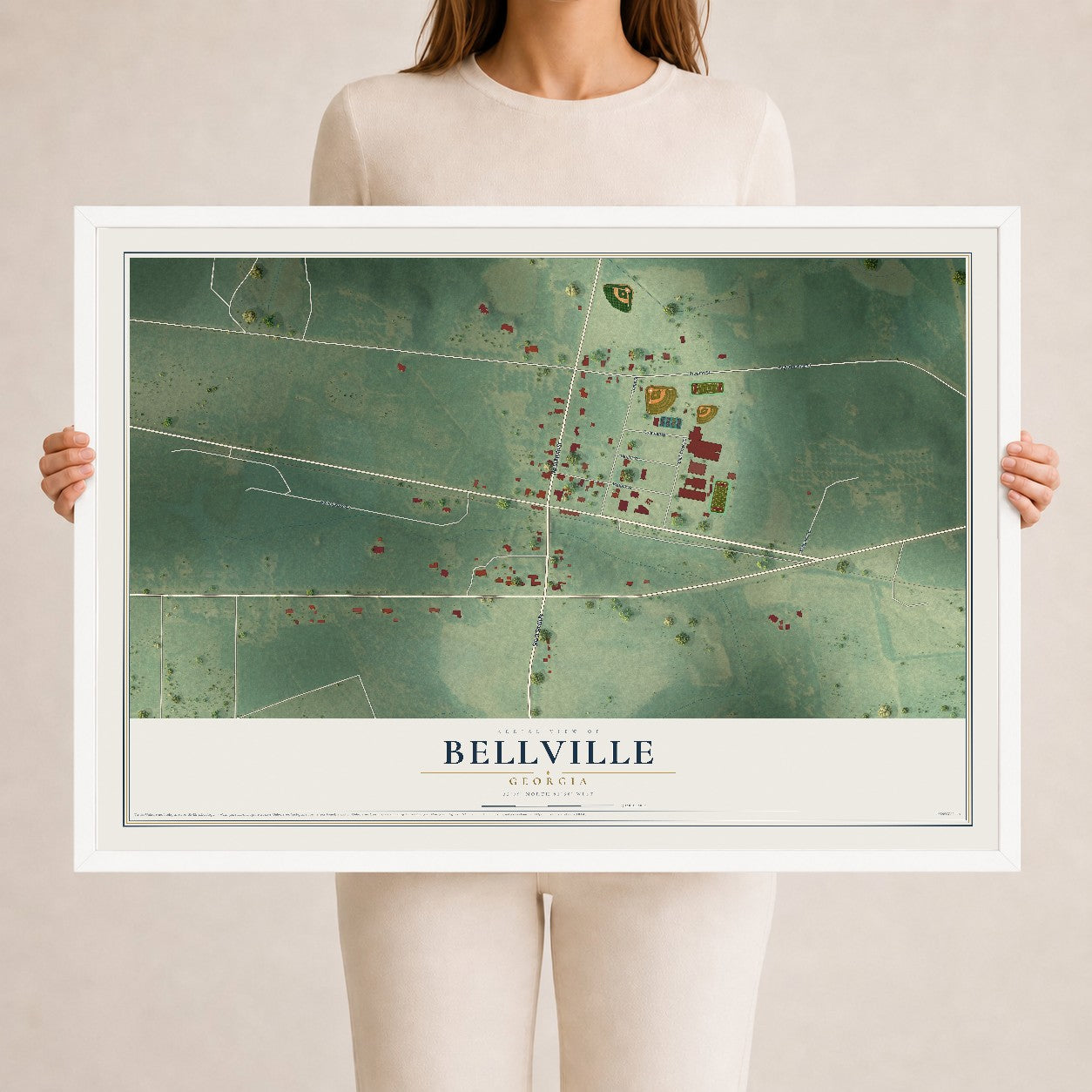 Bellville, Georgia map print, 24" x 36" W/ White Ayous Wood Frame mockup