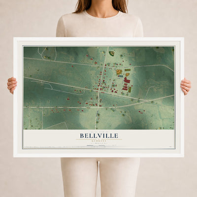 Bellville, Georgia map print, 24" x 36" W/ White Ayous Wood Frame mockup