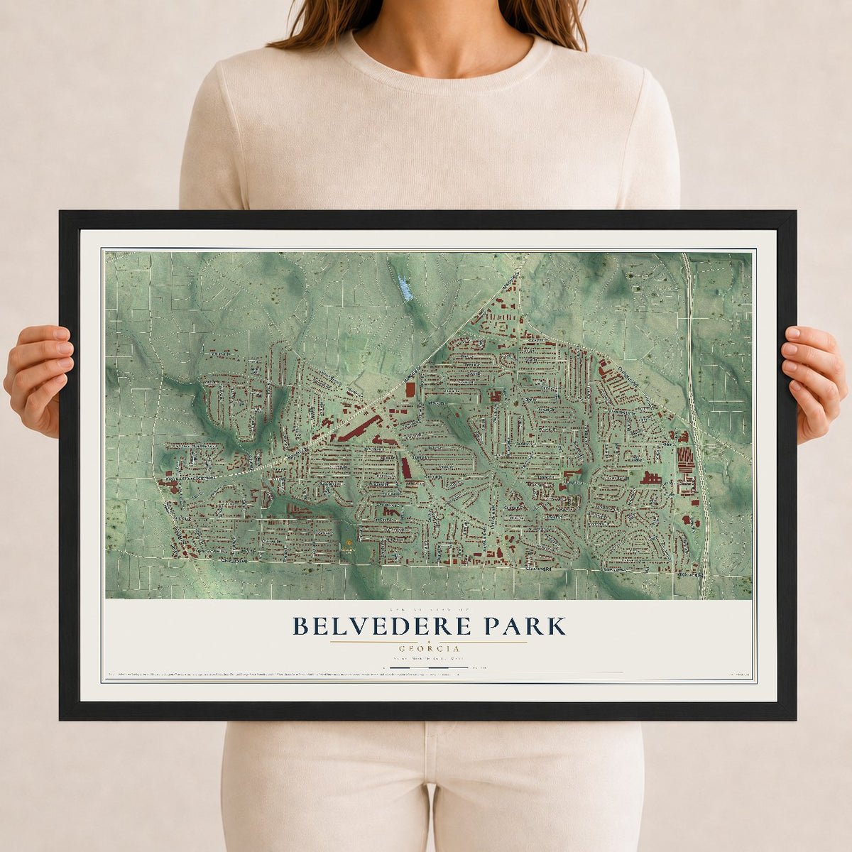 Belvedere Park, Georgia map print, 12" x 18" W/ Black Ayous Wood Frame mockup