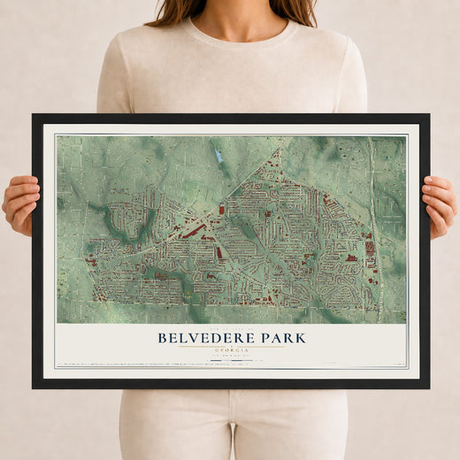 Map of Belvedere Park, Georgia, 12 x 18 inch print in a black wood frame