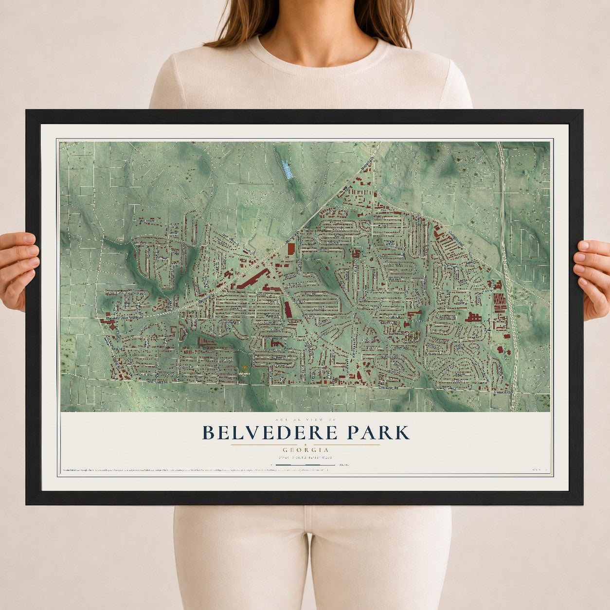 Belvedere Park, Georgia map print, 18" x 24" W/ Black Ayous Wood Frame mockup