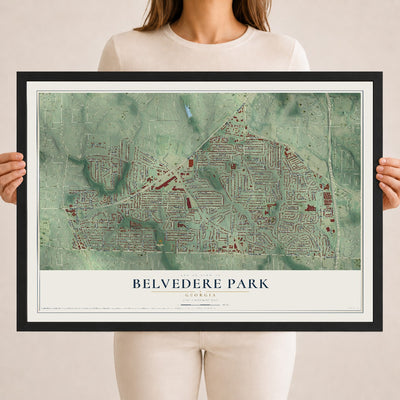 Belvedere Park, Georgia map print, 18" x 24" W/ Black Ayous Wood Frame mockup