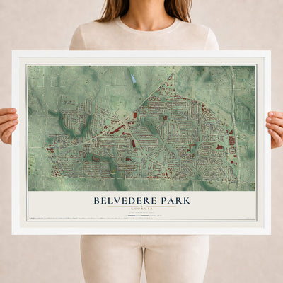 Belvedere Park, Georgia map print, 18" x 24" W/ White Ayous Wood Frame mockup