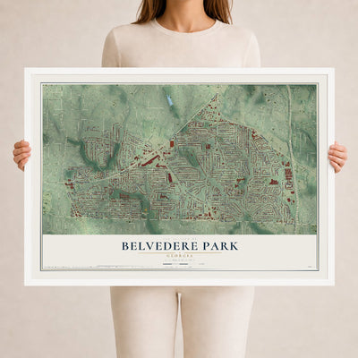 Belvedere Park, Georgia map print, 24" x 36" W/ White Ayous Wood Frame mockup