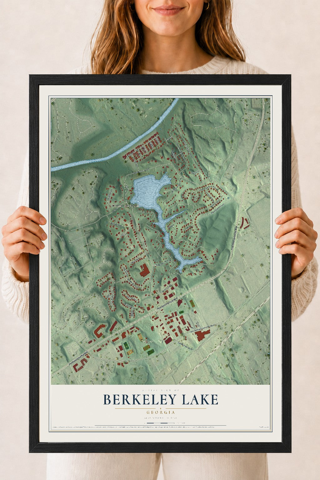 Berkeley Lake, Georgia map print, 18" x 24" W/ Black Ayous Wood Frame mockup