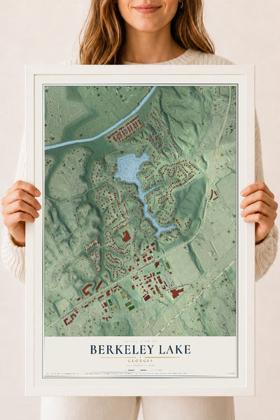Berkeley Lake, Georgia map print, 18" x 24" W/ White Ayous Wood Frame mockup