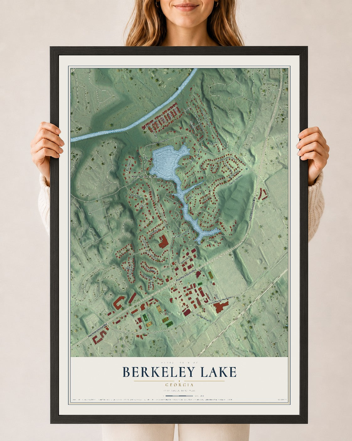 Berkeley Lake, Georgia map print, 24" x 36" W/ Black Ayous Wood Frame mockup