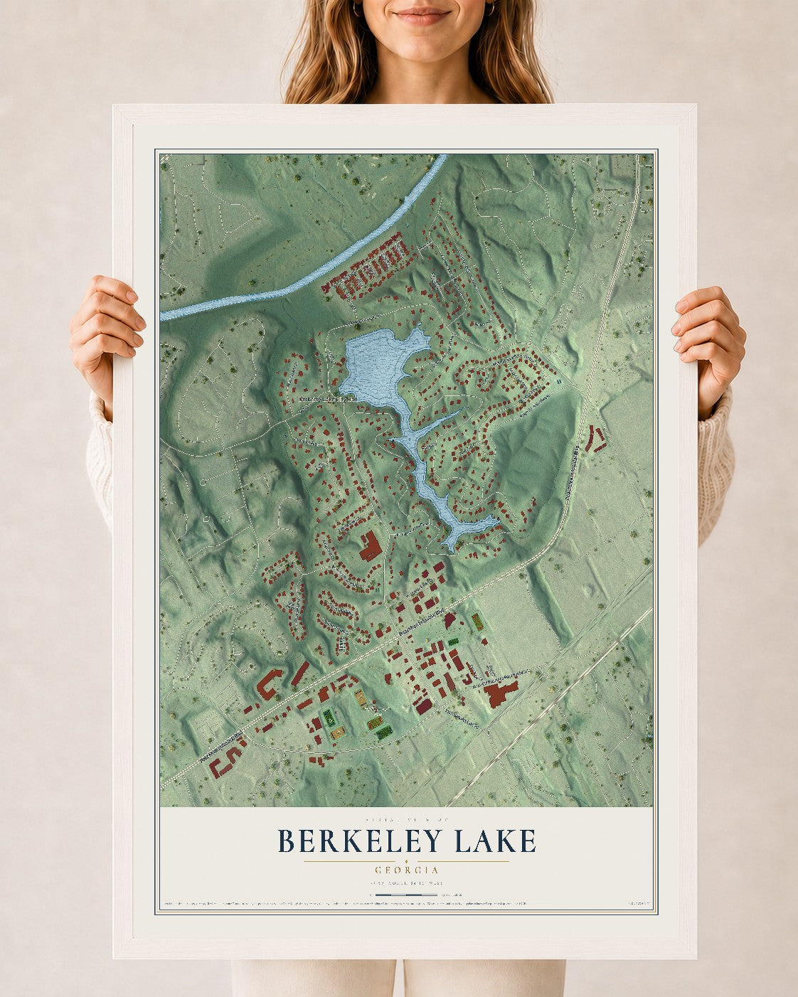 Berkeley Lake, Georgia map print, 24" x 36" W/ White Ayous Wood Frame mockup