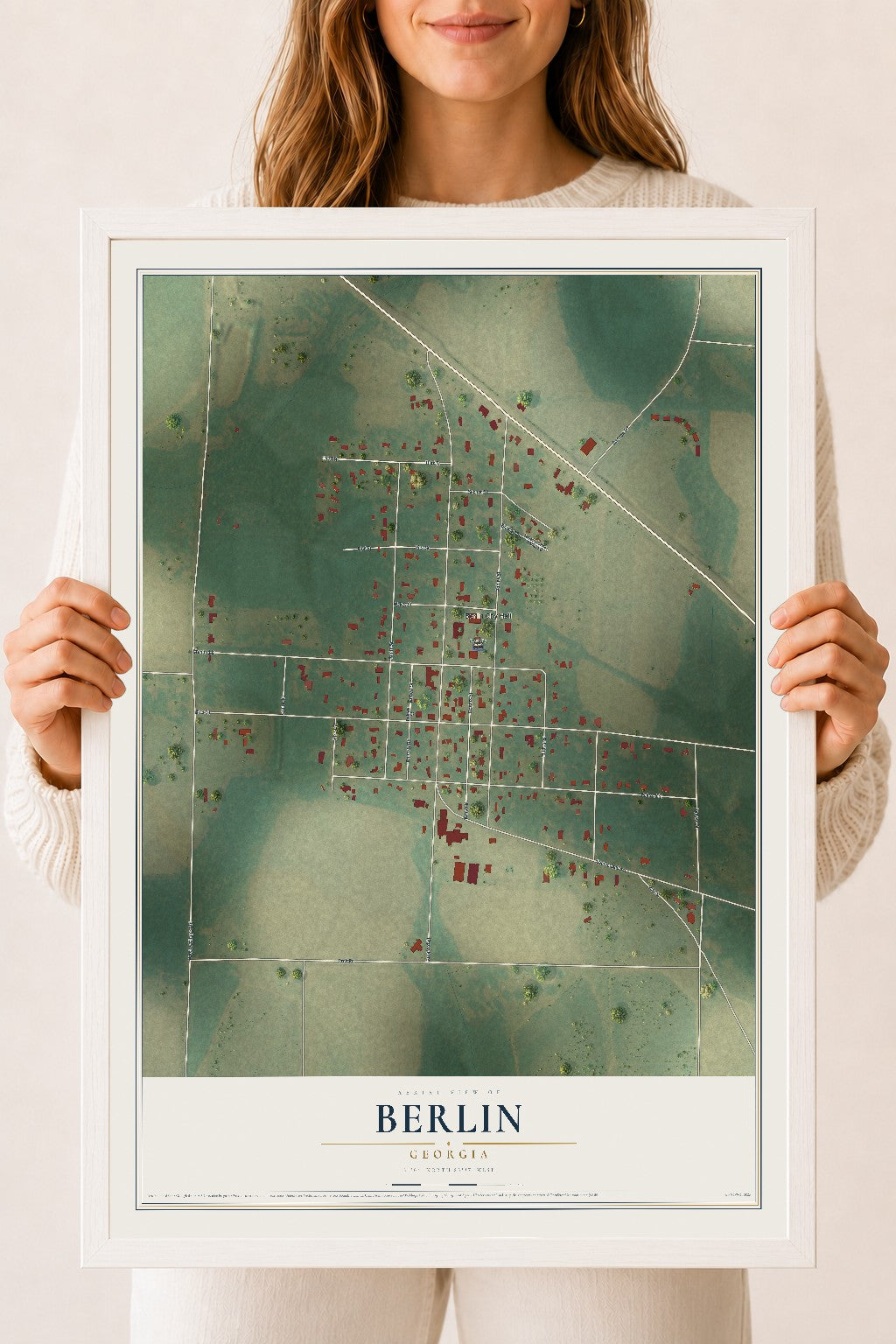 Berlin, Georgia map print, 18" x 24" W/ White Ayous Wood Frame mockup