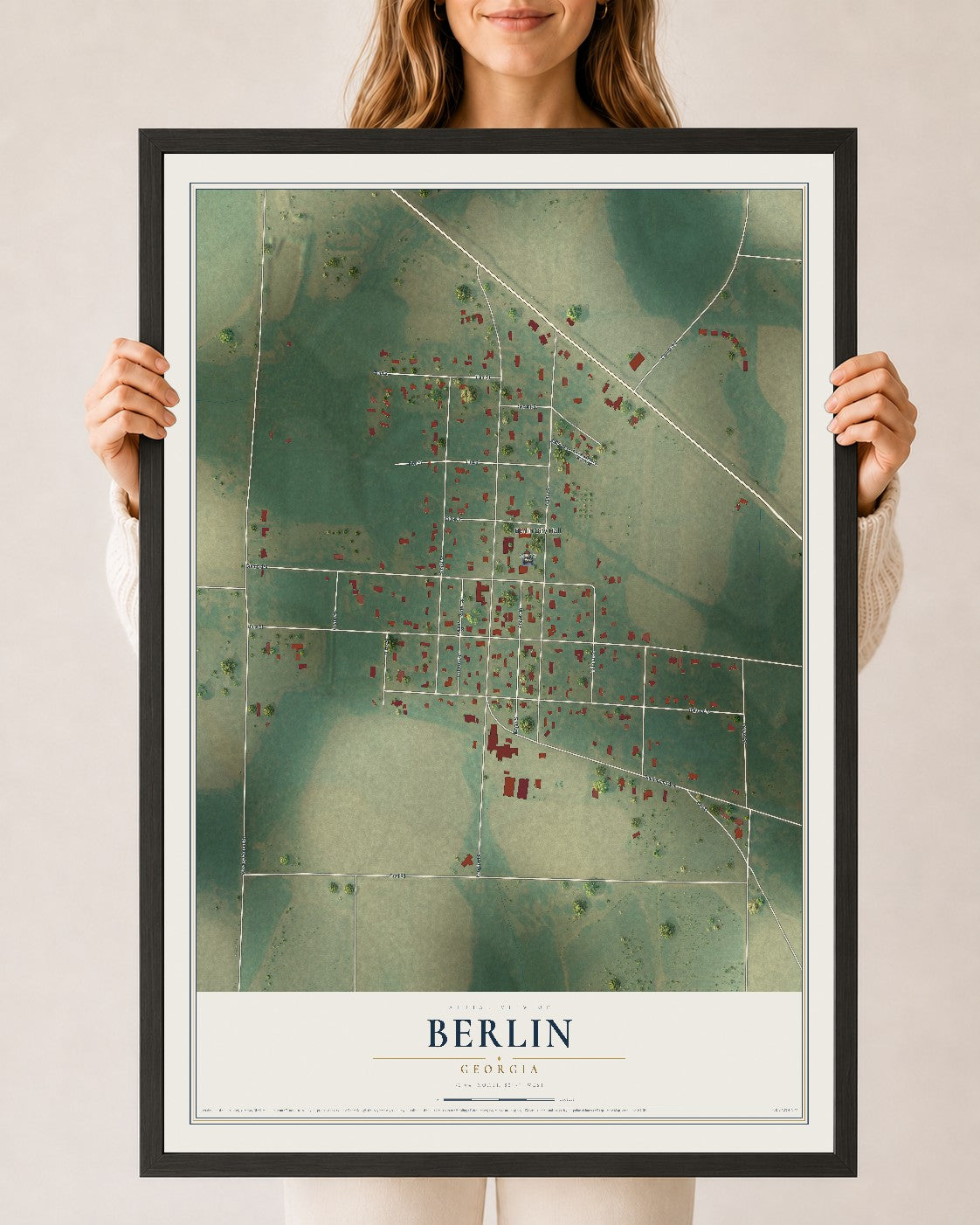 Berlin, Georgia map print, 24" x 36" W/ Black Ayous Wood Frame mockup