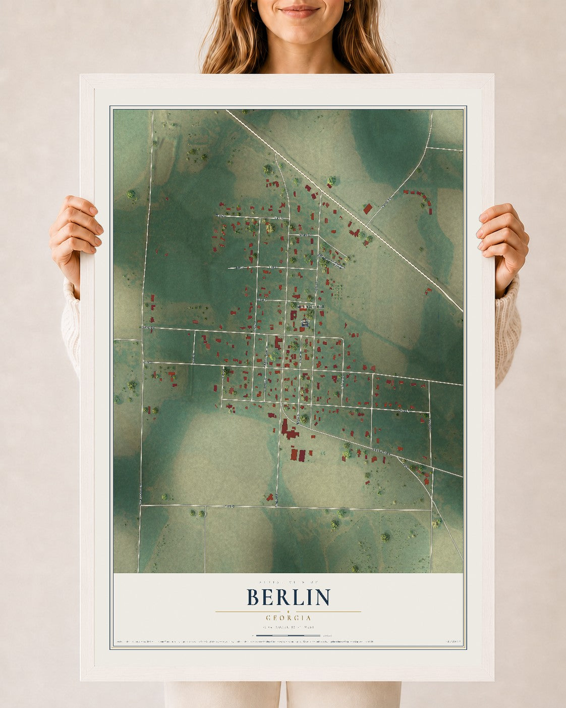 Berlin, Georgia map print, 24" x 36" W/ White Ayous Wood Frame mockup